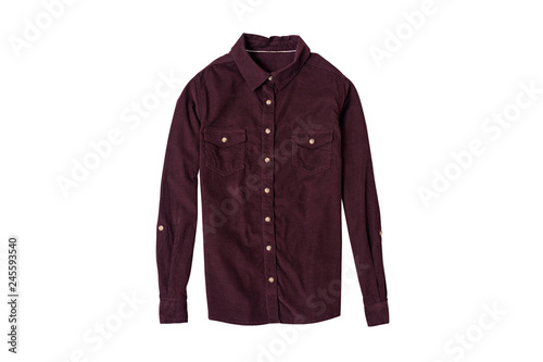 Maroon corduroy shirt flat lay. Fashion concept. Isolate on white background