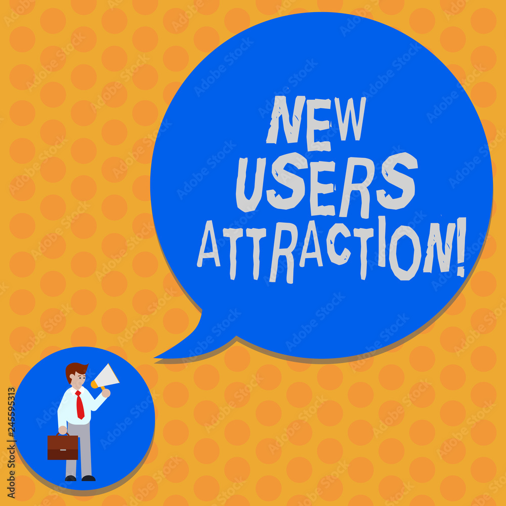 Naklejka premium Writing note showing New Users Attraction. Business photo showcasing Something that makes showing want for a particular thing Man in Necktie Carrying Briefcase Holding Megaphone Speech Bubble