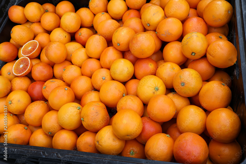 typical Sicilian red oranges at the fruit and vegetable market typical Sicilian red oranges at the fruit and vegetable market
