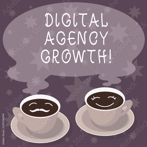 Text sign showing Digital Agency Growth. Conceptual photo Progress of graphic design and copywriting business Sets of Cup Saucer for His and Hers Coffee Face icon with Blank Steam