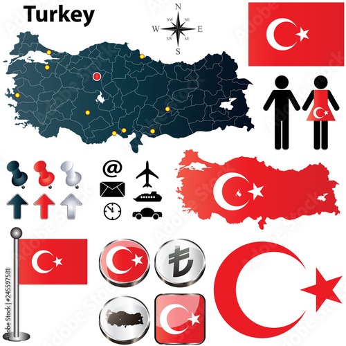 Turkey map, crescent, star, the Turkish lira logo, flag, pin,
