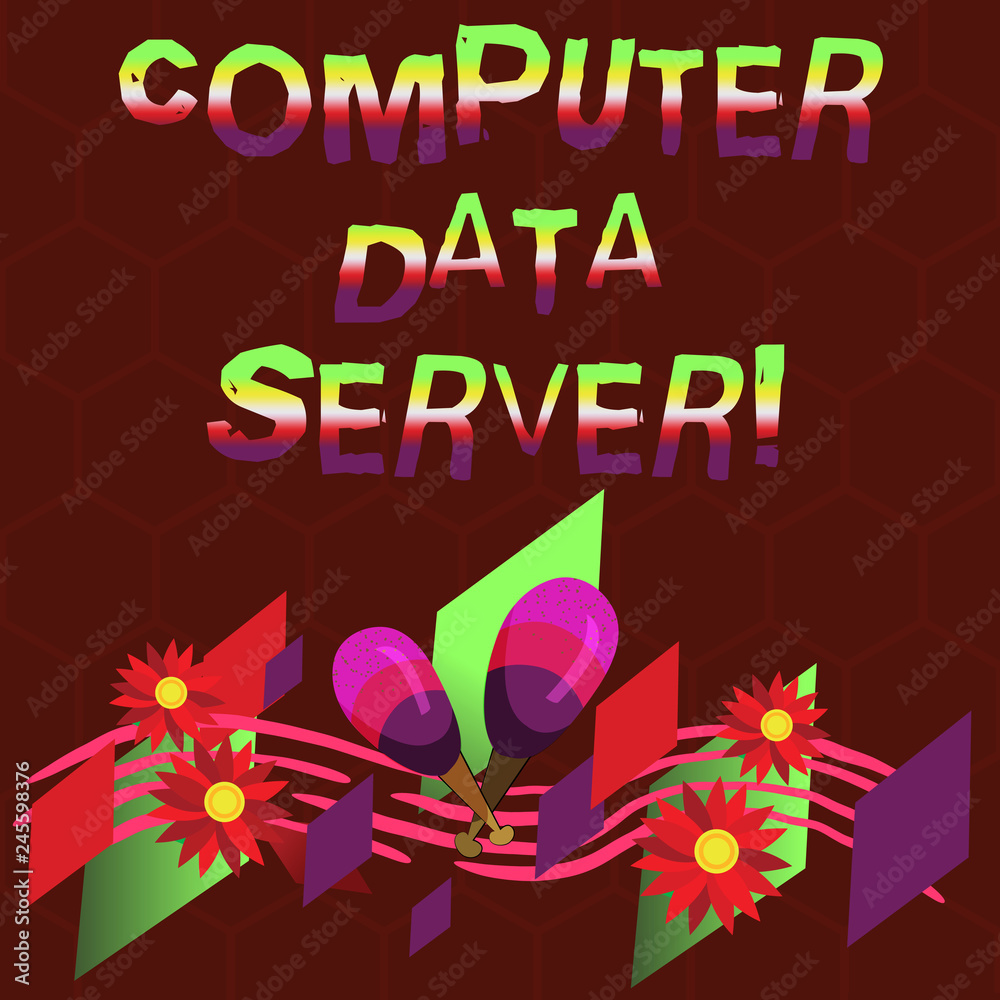 Conceptual hand writing showing Computer Data Server. Business photo showcasing Computer platform that delivers database services Colorful Instrument Maracas Flowers and Curved Musical Staff