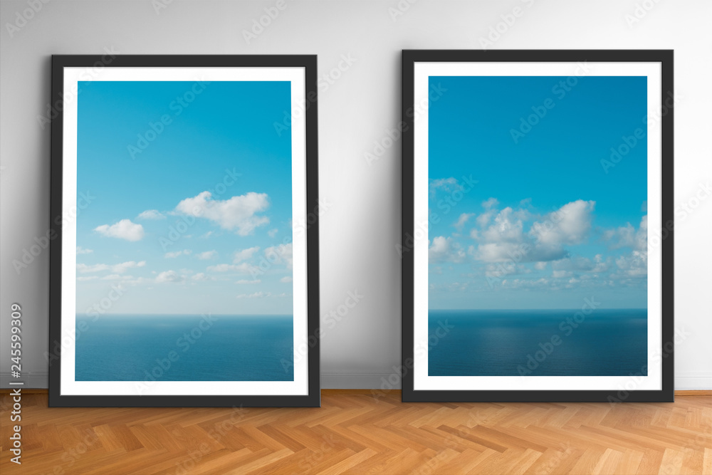 framed picture prints of ocean and blue sky landscape photography on wooden floor - framed picture prints of ocean and blue sky landscape photography on wooden floor -