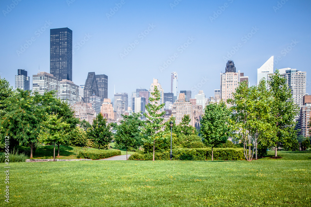 Beautiful Roosevelt Island park with Manhattan, New York City in background during sunny summer day Beautiful Roosevelt Island park with Manhattan, New York City in background during sunny summer day