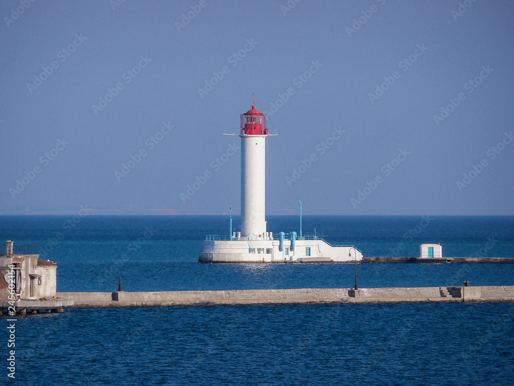Port lighthouse on the Black Sea in the city of Odessa. Ukraine.