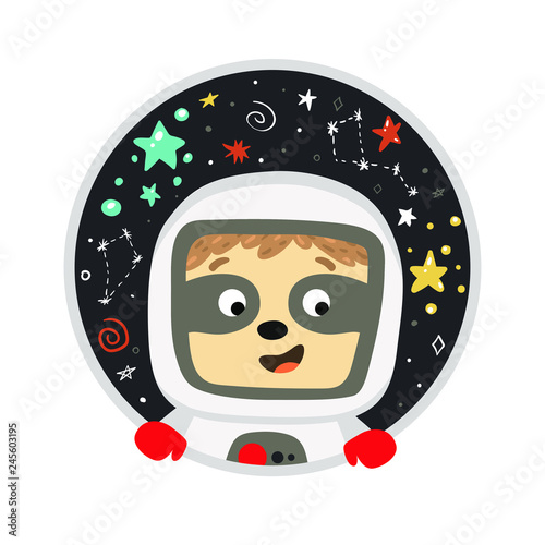 Smiling cute baby sloth astronaut looking from spaceship pothole and flying in the open space. Adorable animal illustration in the childish style. Vector funny sloth in an astronaut's suit