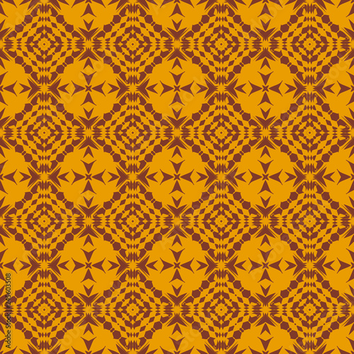 Seamless square pattern from orange geometrical abstract ornaments on a brown background. Vector illustration. Suitable for fabric, wallpaper and wrapping paper