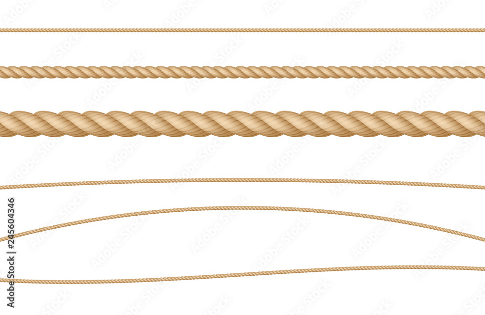 Rope String Natural Realistic Vector Illustration Set - obrazy, fototapety, plakaty 