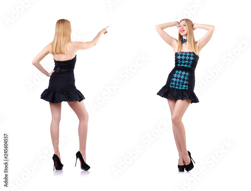 Sexy blonde girl presses virtual button isolated on white
