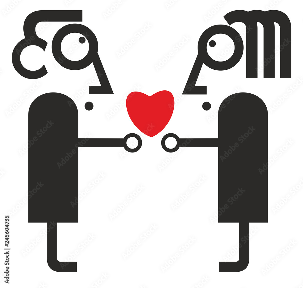 Man and woman hold a heart symbol isolated illustration. Man and woman icons and a heart symbol isolated on white Man and woman hold a heart symbol isolated illustration. Man and woman icons and a heart symbol isolated on white