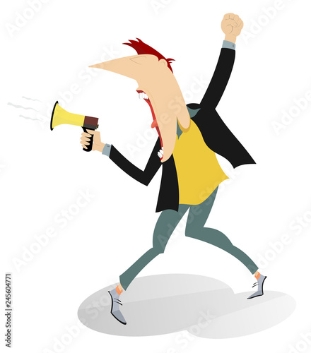 Screaming to megaphone to megaphone and raises fist up illustration. Protesting man shouts to megaphone man raises fist and demands justice and job isolated on white