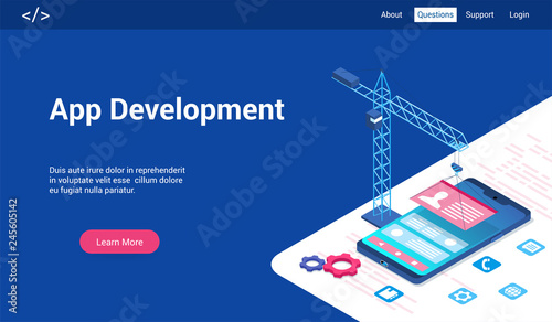 Isometric landing page template for application development. Vector illustration mock-up for website and mobile website