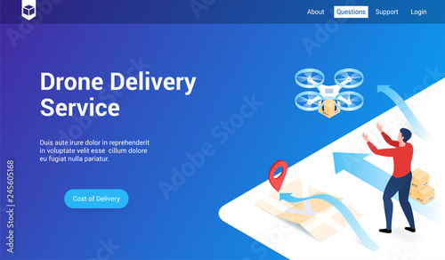 Isometric landing page template for drone delivery. Vector illustration mock-up for website and mobile website