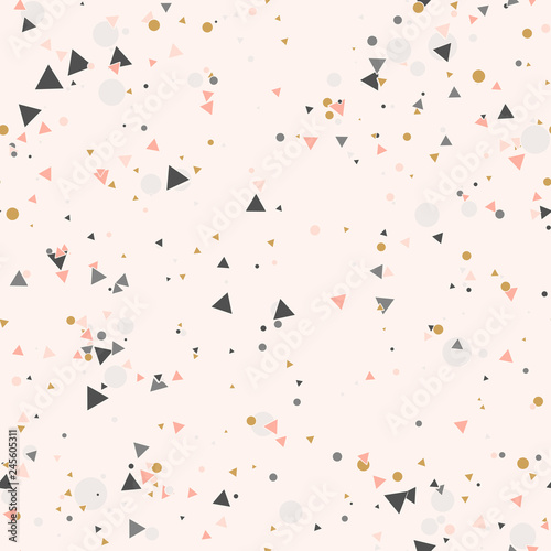 Abstract seamless pattern with colorful chaotic small circles and triangles on beige. Infinity geometric pattern. Vector illustration.    
