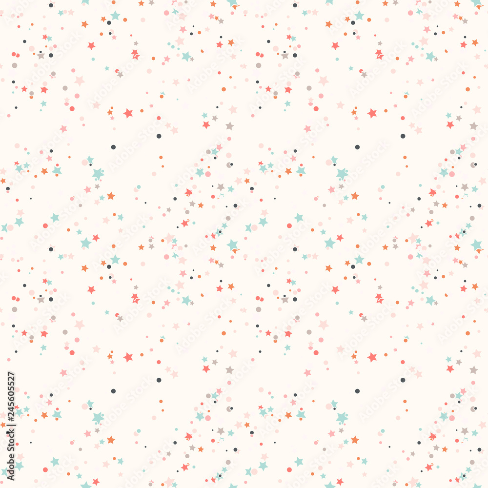 Abstract seamless pattern with colorful chaotic small circles and stars on beige. Infinity geometric pattern. Vector illustration.     