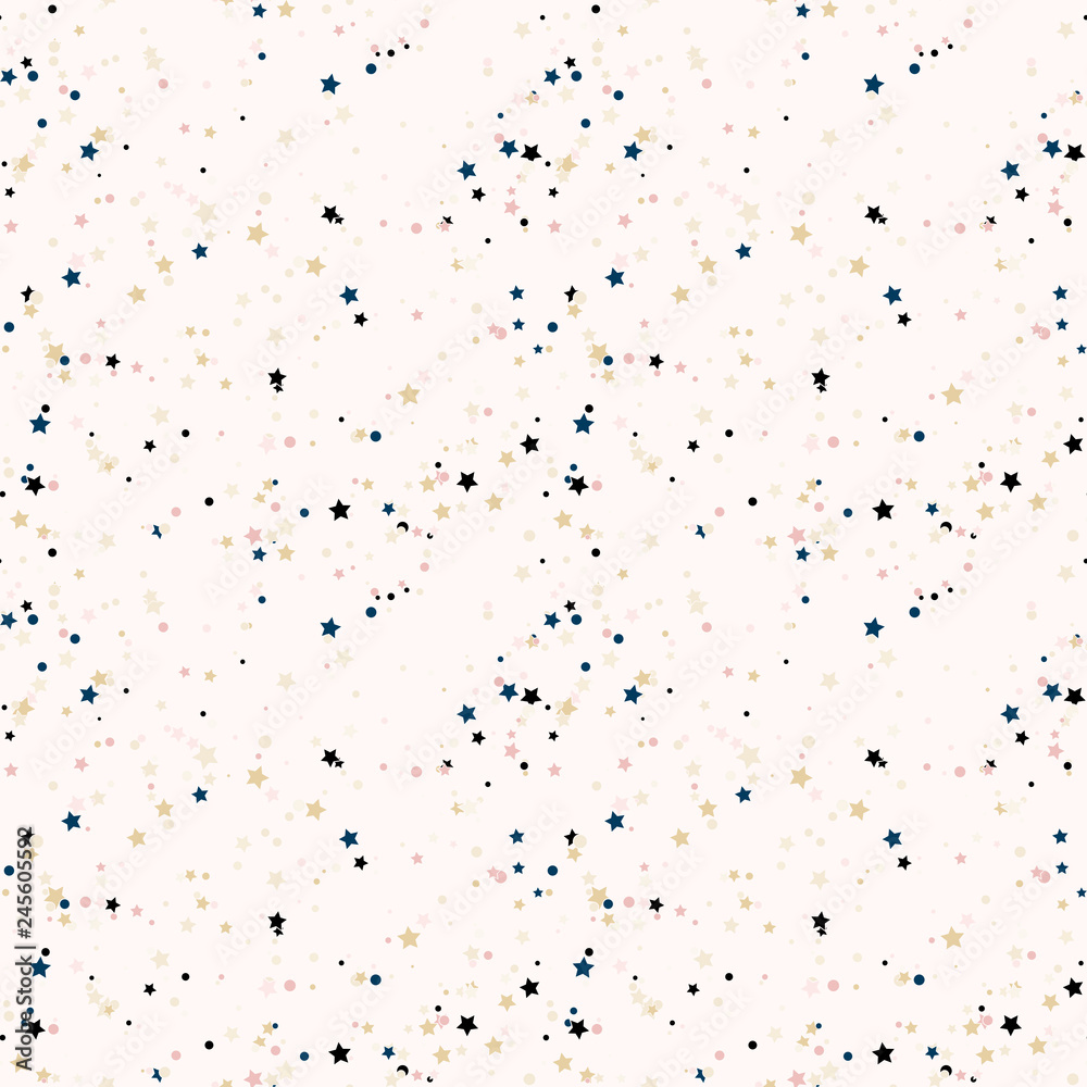 Fototapeta premium Abstract seamless pattern with colorful chaotic small circles and stars on beige. Infinity geometric pattern. Vector illustration. 