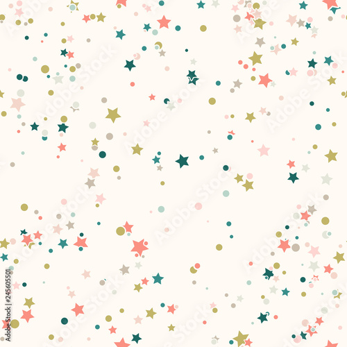 Abstract seamless pattern with colorful chaotic small circles and stars on beige. Infinity geometric pattern. Vector illustration. 