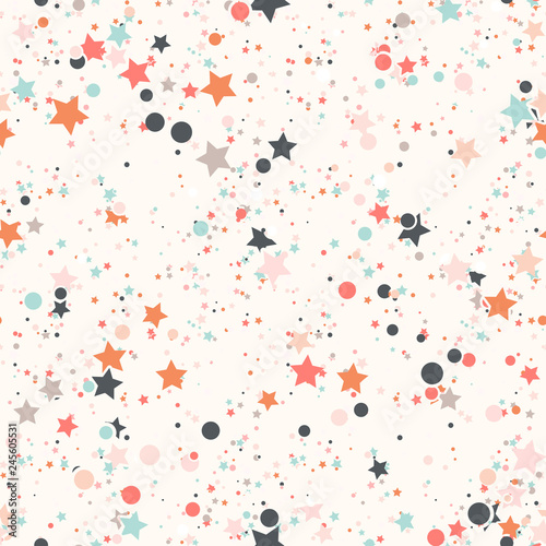 Abstract seamless pattern with colorful chaotic small circles and stars on beige. Infinity geometric pattern. Vector illustration.     