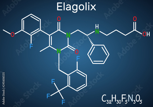 Elagolix drug molecule. It is gonadotropin-releasing hormone antagonists. Structural chemical formula on the dark blue background