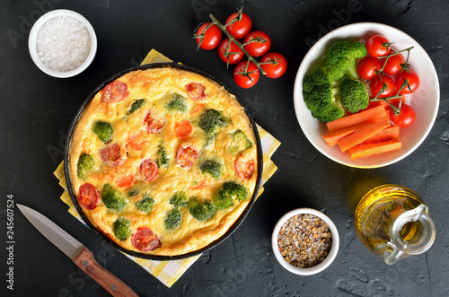 Omelet with broccoli and tomatoes
