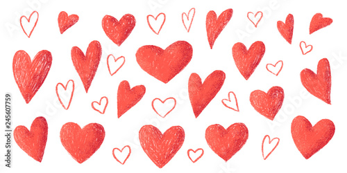 Red pencil strokes texture hand drawn style vector Valentines day hearts big set isolated on white background