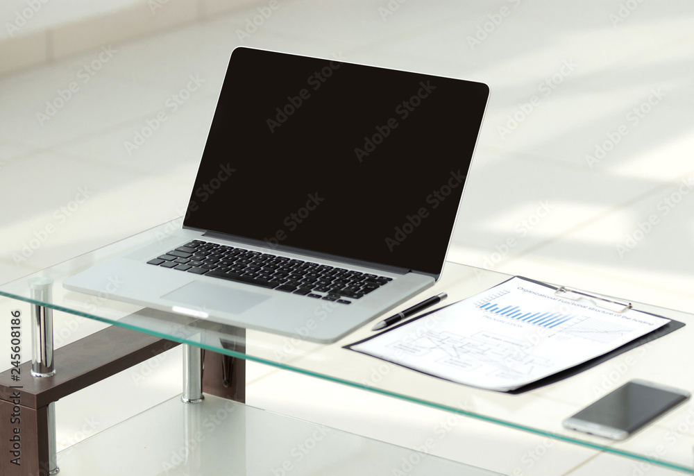 close up. open laptop on office Desk. close up. open laptop on office Desk.