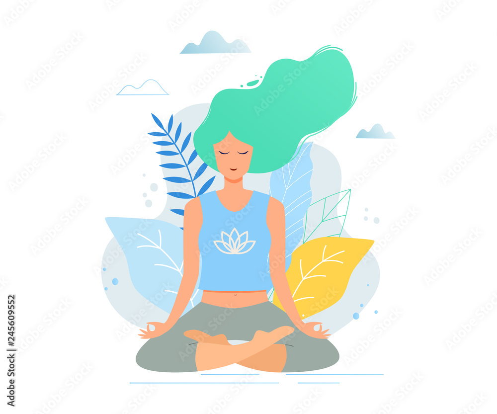 Woman sitting in lotus position practicing meditation. Yoga girl vector trendy illustration.