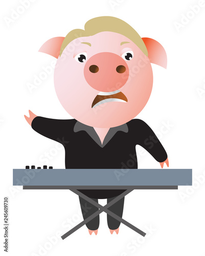 A funny pig sings expressively and plays keyboard. Musician. Vector illustration.  Isolated on transparent background.  Excellent for the design of postcards, posters, stickers and so on.
