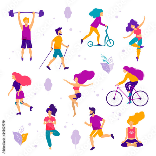 Healthy lifestyle. Different physical activities: running, roller skates, dancing, bodybuilding, yoga, fitness, scooter, nordic walking. Flat vector illustration.