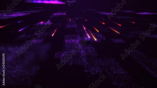 Technological background with flying glowing lines and flickering particles on digital surface from glitering dots. Animation of seamless loop. photo