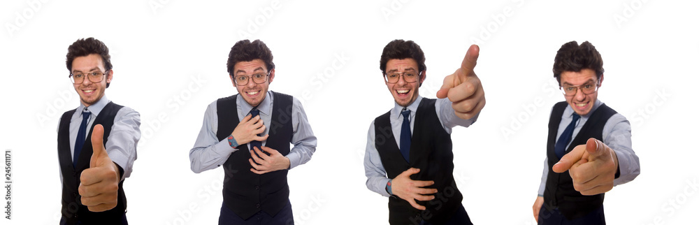 Young businessman in funny concept on white