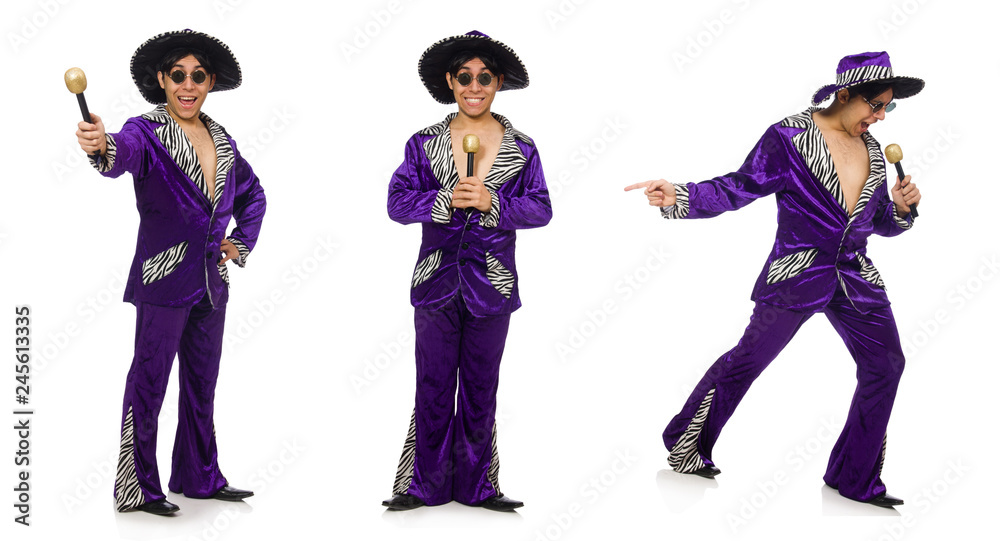 Naklejka premium Funny man with microphone isolated on white