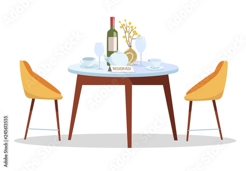 Place for romantic date. Reserved sign on table in restaurant. Reserved Table concept.round table,served with dishes, vase, wine with modern chairs. Cafe reservations. Flat cartoon vector illustration