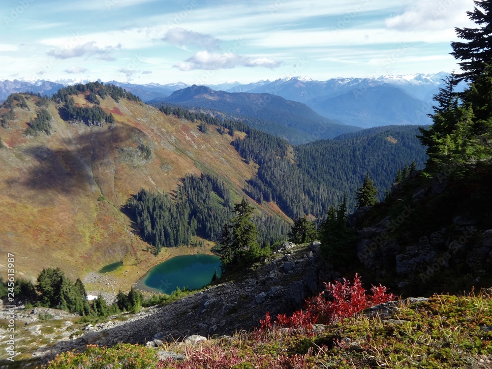 A panoramic view of Sauk Lake area and the North Cascade Mountains in the fall