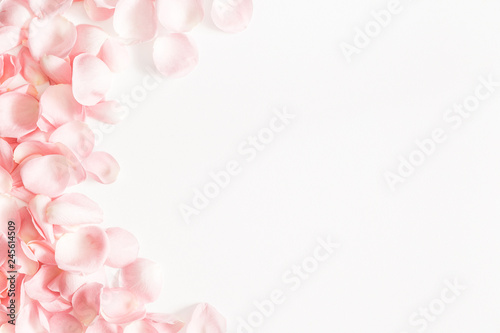 Flowers composition. Rose flower petals on white background. Valentines day, mothers day, womens day concept. Flat lay, top view, copy space
