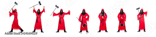 Executioner in red costume with axe on white