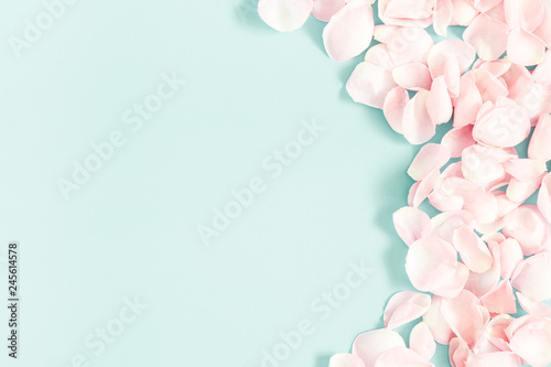 Fototapeta Naklejka Na Ścianę i Meble -  Flowers composition. Rose flower petals on pastel blue background. Valentine's Day, Mother's Day concept. Flat lay, top view, copy space