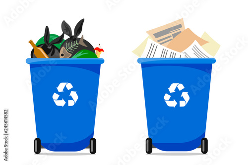 Two blue garbage containers, one with paper and the other with different trash. Vector illustration of a flat style.