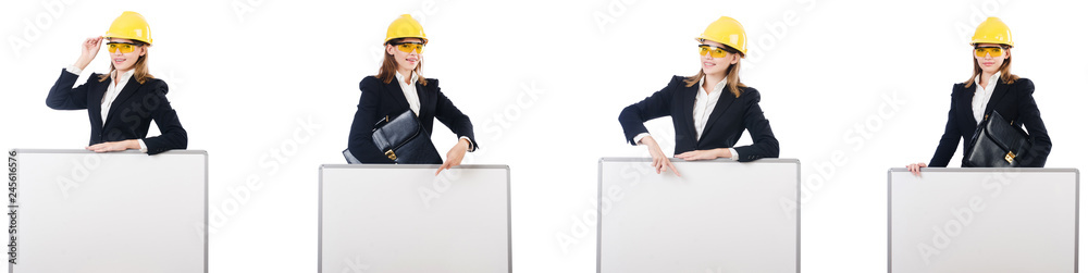 Young female builder with whiteboard Young female builder with whiteboard