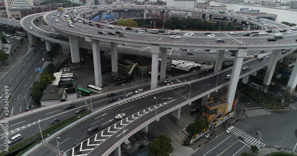 Aerial view of Nanpu Bridge Nanpu Bridge Approach Bridge in Shanghai, the Chinese characters on the road indicate where you are going, it mean Aerial view of Nanpu Bridge Nanpu Bridge Approach Bridge in Shanghai, the Chinese characters on the road indicate where you are going, it mean