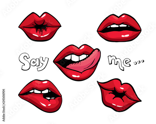 Lips patch collection. Vector sexy Isolated doodle womans lips expressing different emotions kiss, biting lip, licking