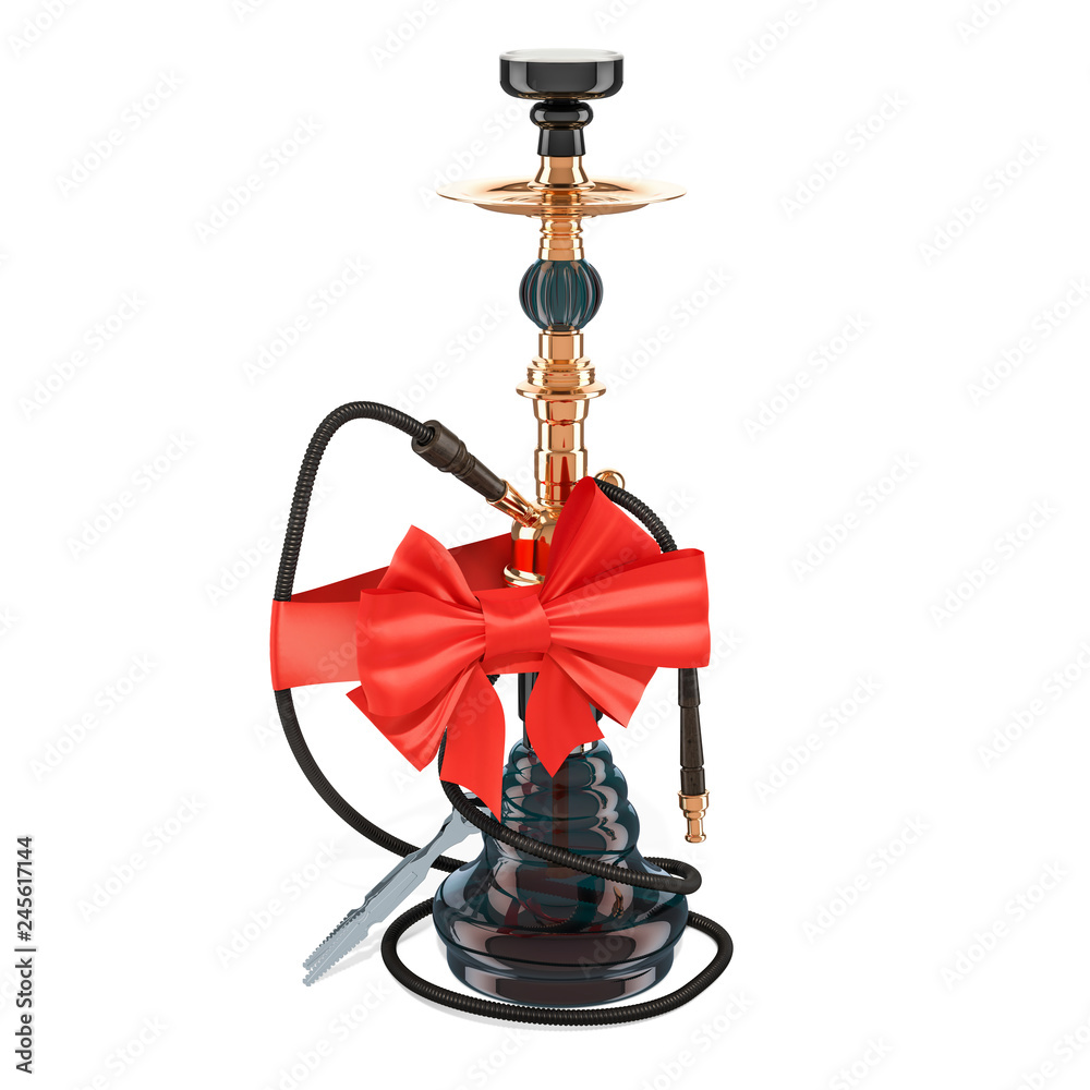 Hookan with bow and ribbon, gift concept. 3D rendering Hookan with bow and ribbon, gift concept. 3D rendering
