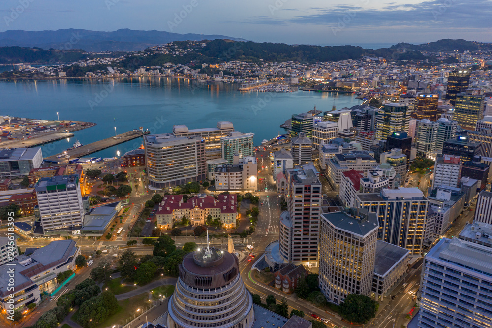 Wellington city at Twilight. high angle view