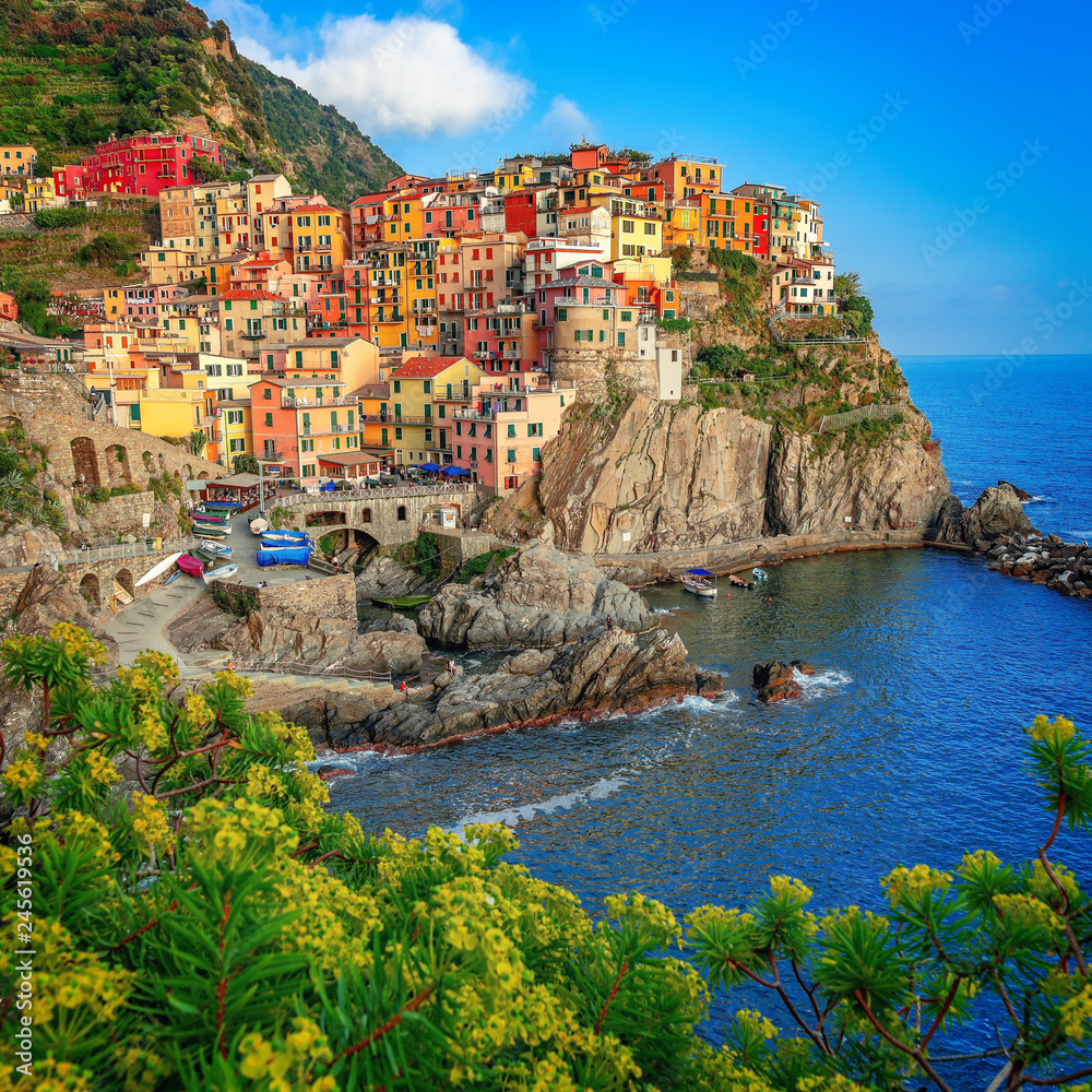 Colorful town on the rocks, Manarola, Liguria, Italy