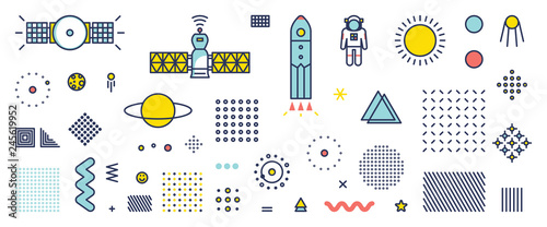 Set of Line Stroke Vector Astronomy and Space Icons. Spaceman, astronaut, solar system, planet, saturn, asteroid.