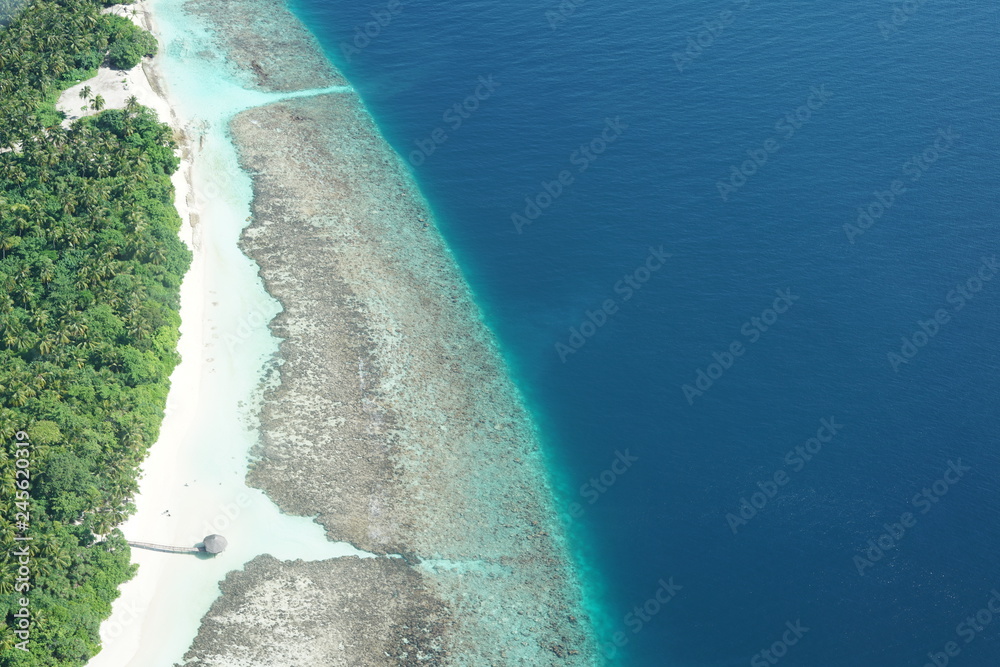 Aerial view of a shoreline in the Maldives