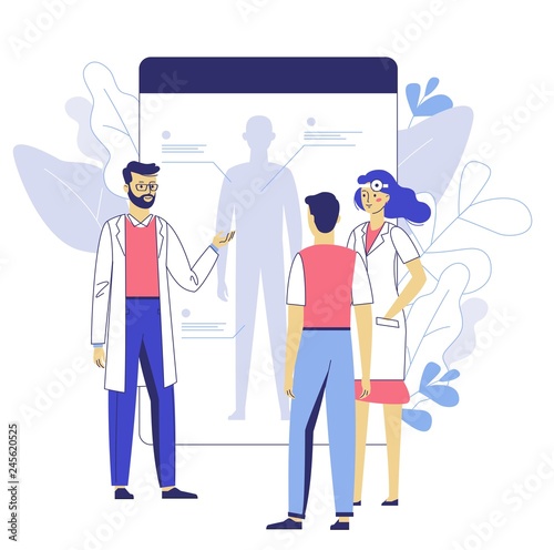 Online medical consultation concept. Young doctor man, woman and patient stand in front of the screen smartphone. Mobile app medicine. Consultation and diagnosis.
