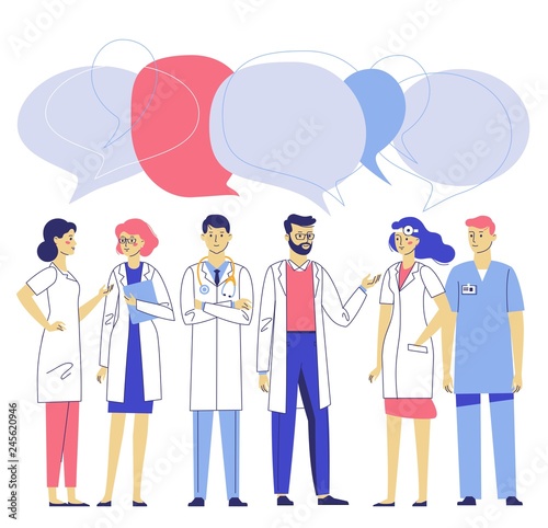 Medicine team concept with different doctors in hospital. Practitioner doctors young man and woman group and speech bubbles. Consultation and diagnosis.