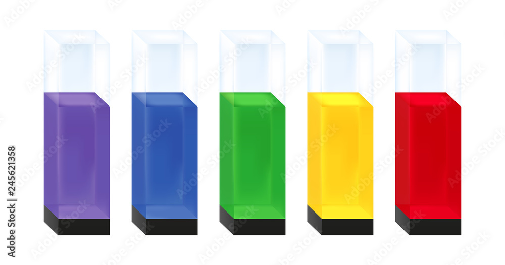 Vector illustration of five quartz glass cuvettes with different colors of substance solution