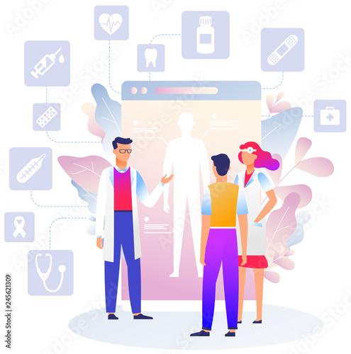 Online medical consultation concept. Young doctor man, woman and patient stand in front of the screen smartphone. Mobile app medicine. Consultation and diagnosis.